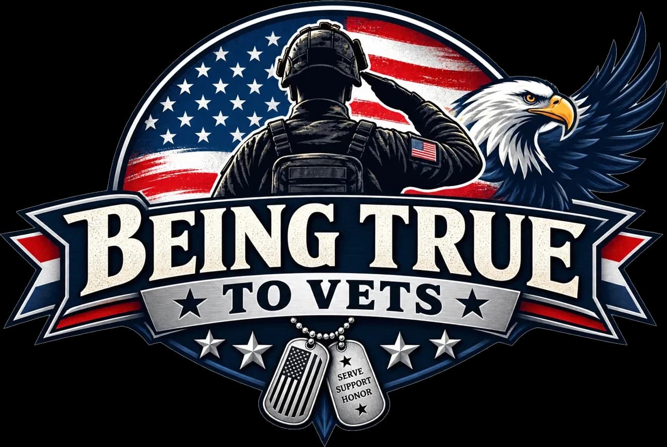 Being True to Vets badge: a service member saluting the American flag beside a bald eagle, above dog tags reading Serve, Support, Honor.